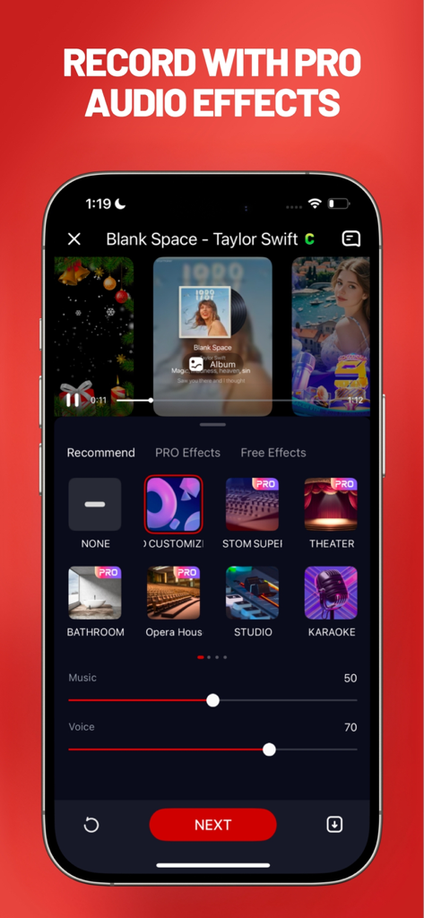 Pantalla de la aplicación StarMaker Lite mostrando la selección de efectos de audio profesionales y deslizadores de volumen para una sesión de grabación de karaoke.