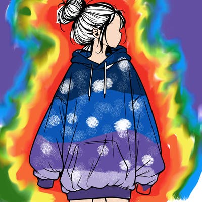 realistic girl with a oversized sweatshirt on and a bun