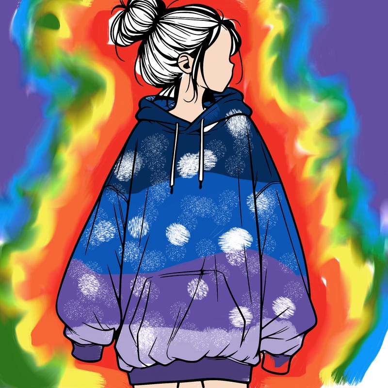 realistic girl with a oversized sweatshirt on and a bun