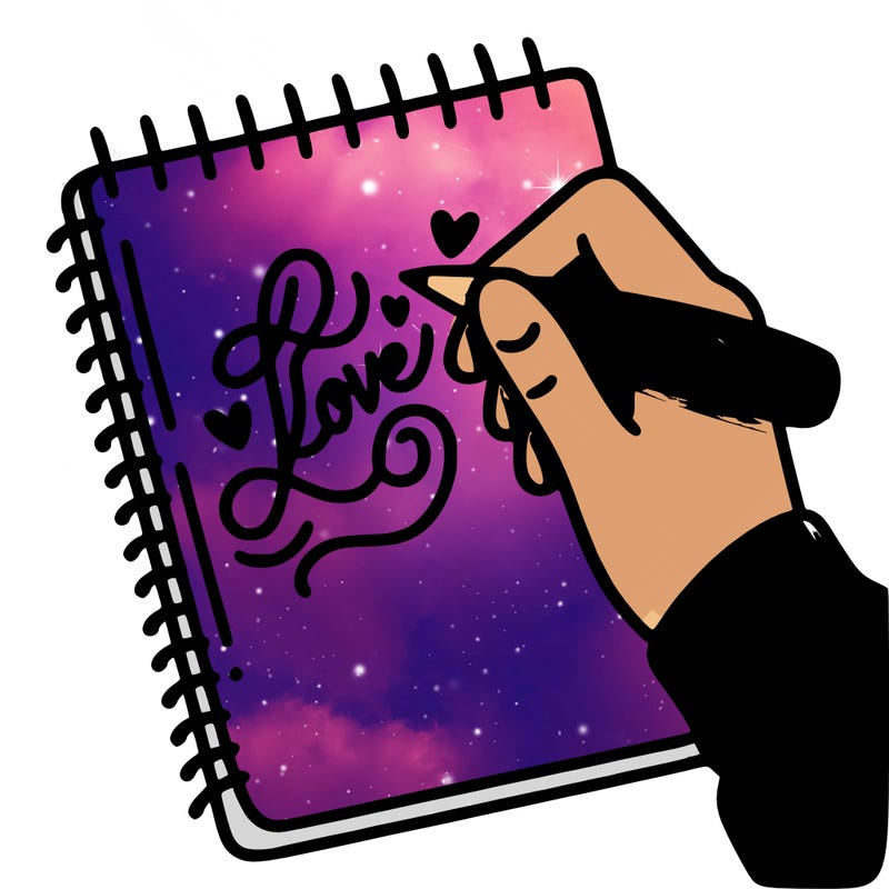 a hand writing “love” in calligraphy on a notebook