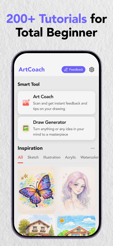 ArtCoach app main screen featuring smart drawing tools and an inspiration gallery for beginner artists