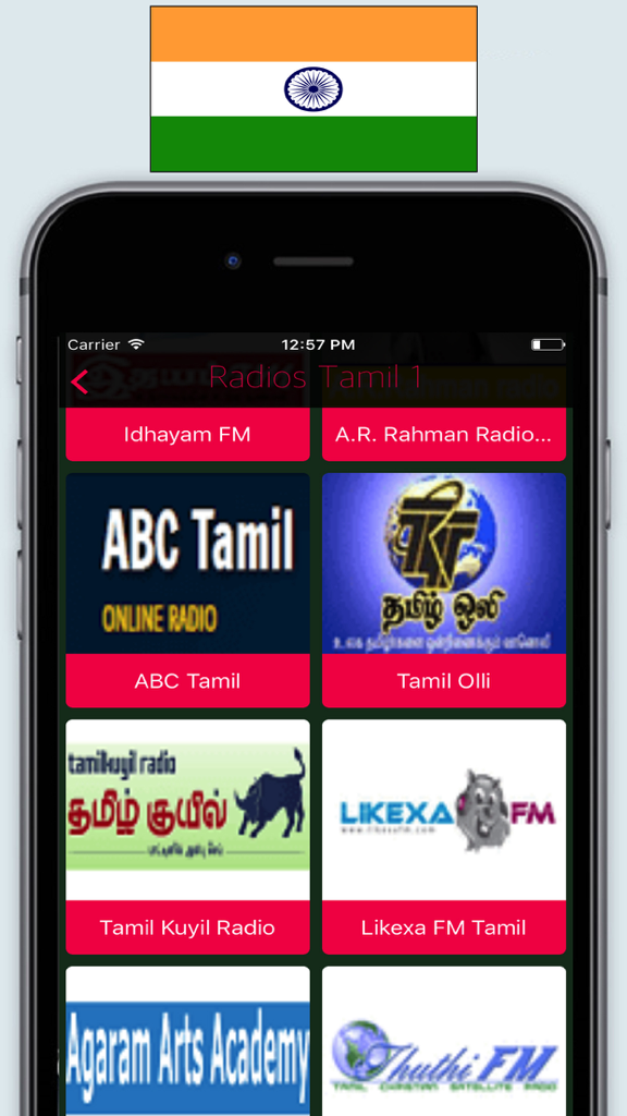 Uma tela de iPhone exibindo uma lista de estações de rádio tâmil no aplicativo Radio India FM e AM, apresentando estações como ABC Tamil e Tamil Olli.