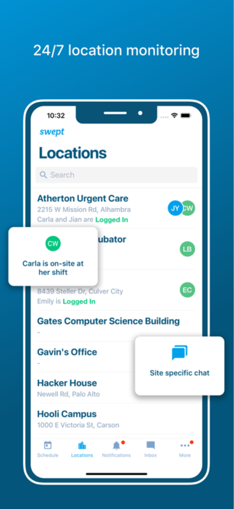 Swept Mobile - Swept Mobile app screenshot showing real-time location monitoring and site-specific chat for janitorial business management.