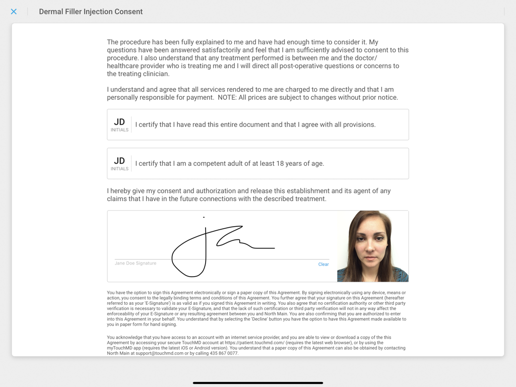 TouchMD Consult - for Staff - Digital medical consent form for dermal filler injections with patient signature and photo