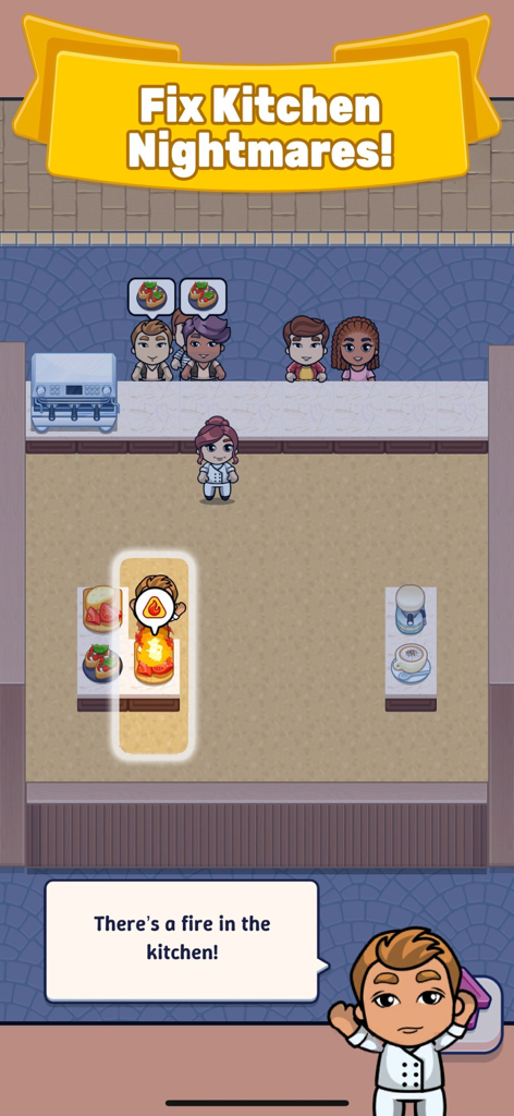 Adventure Chef - A cartoon chef managing a kitchen fire in a restaurant while customers wait at the counter