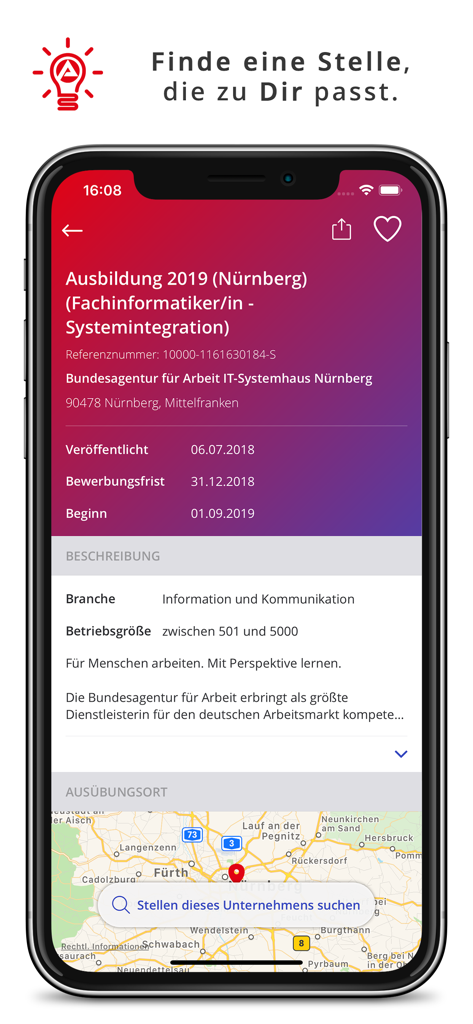 AzubiWelt - AzubiWelt app screenshot showing details for an IT specialist apprenticeship including a map and company information