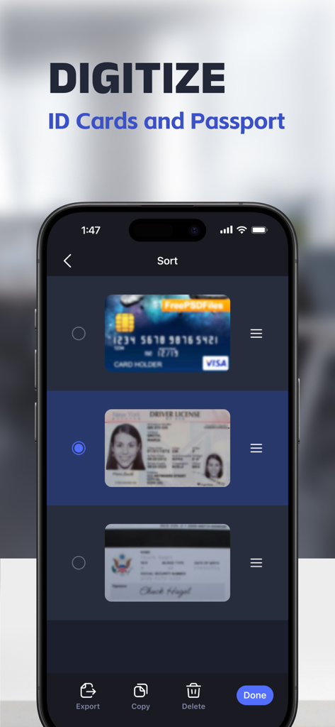 Power Scan-PDF Scanner - Interfaz de la aplicación Power Scan que muestra tarjetas de identificación y pasaportes digitalizados con opciones de ordenación y exportación