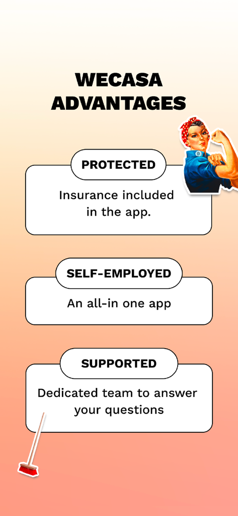 Self-employed jobs Wecasa Pro - Wecasa Pro app screen showing advantages like insurance protection, self-employment tools, and dedicated professional support.