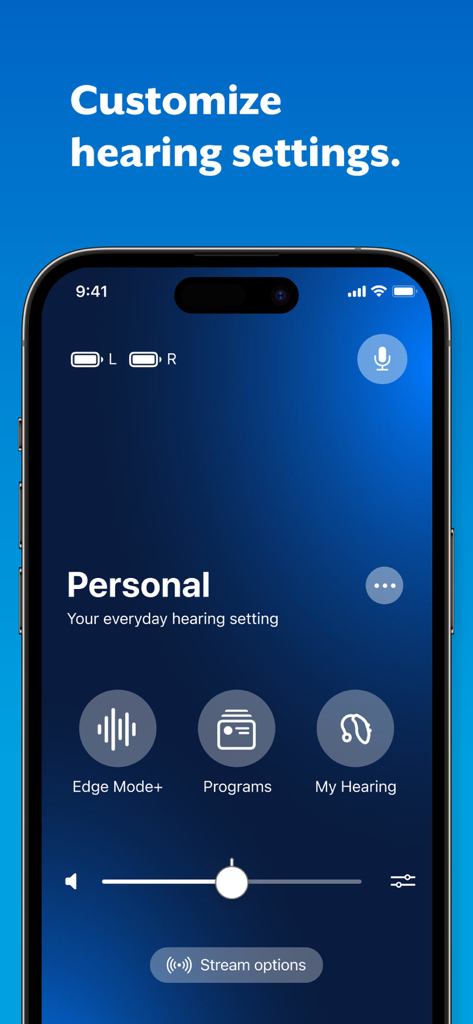 A mobile phone screen showing the My Starkey app interface for adjusting hearing aid volume and sound settings
