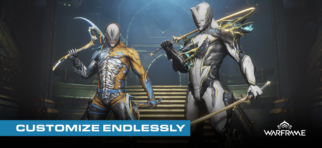 Warframe - Dos personajes de Warframe altamente personalizados con armadura futurista sosteniendo armas