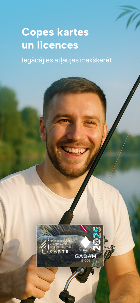 Mana Cope - A smiling man holding a fishing rod promoting digital fishing licenses for Latvia in the Mana Cope app