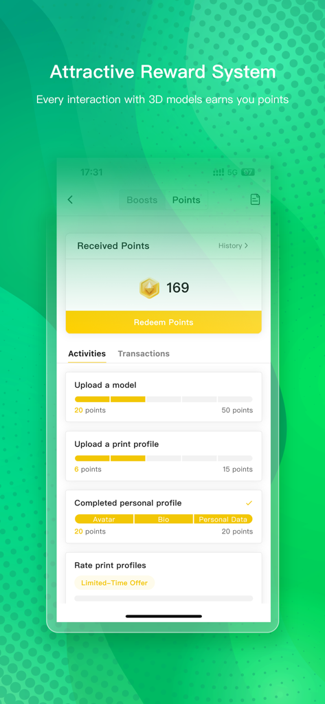 Bambu Handy App-Oberfläche zeigt das attraktive Belohnungssystem mit gesammelten Punkten und Aktivitäten zum Einlösen für 3D-Druckprodukte.