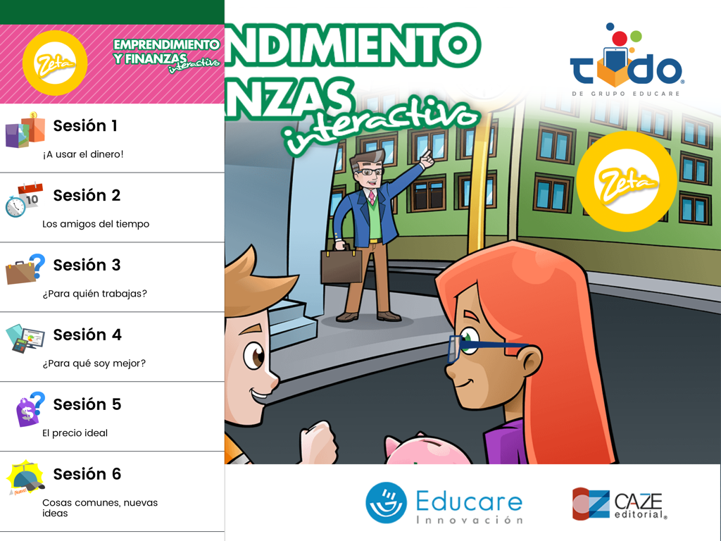 Menú de lecciones de emprendimiento y finanzas en la aplicación Nimbus 2.0.