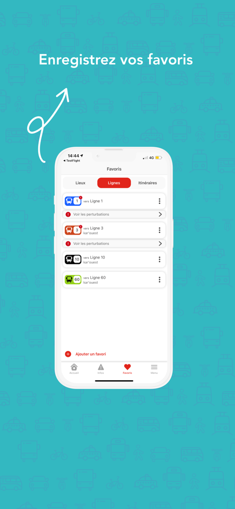 Screenshot der Favoriten-Ansicht der Kar Ouest-App, die gespeicherte Buslinien für einfache Navigation anzeigt