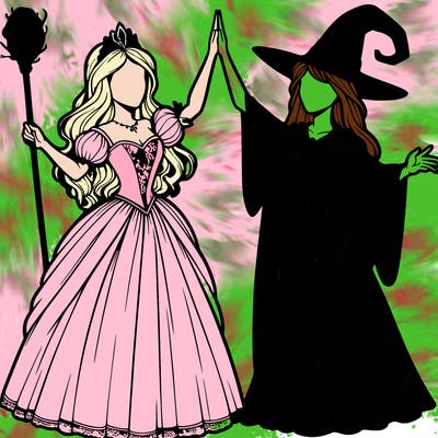 detailed realistic split of a princess and a witch