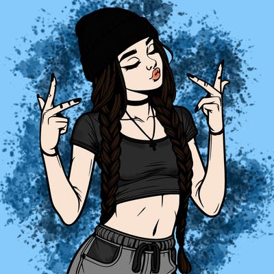 realistic teenage girl with braids and a beanie and crop top doing 🫶🏼