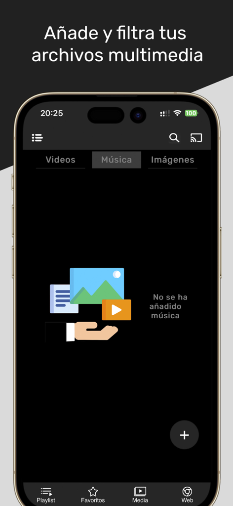 Whatplay: Reproductor IPTV - Screenshot of Whatplay app displaying multimedia filtering options for video music and images