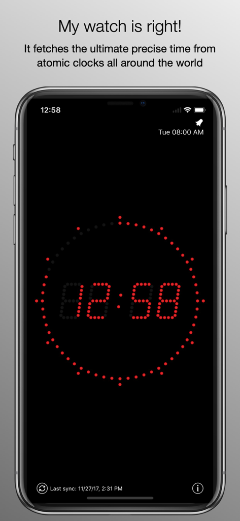 Atomic Clock (Gorgy Timing) - Pantalla de iPhone que muestra la interfaz Reloj Atómico Gorgy Timing con una hora digital LED roja y un indicador circular de segundos.