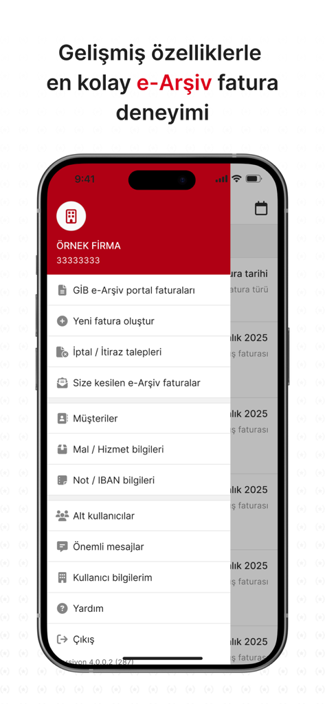 e-Arşiv Fatura Portal - The mobile application menu for e-Arşiv Fatura Portal showing invoice and customer management options.