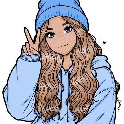 a teenage girl in a beanie, oversized sweatshirt, wavy long hair, and is showing a ✌️