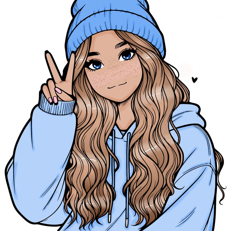 a teenage girl in a beanie, oversized sweatshirt, wavy long hair, and is showing a ✌️