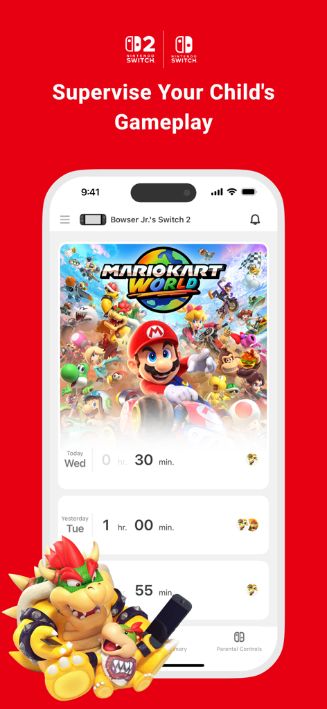 Smartphone screen showing daily game play time tracking for Mario Kart World on the Nintendo Switch Parental Controls app