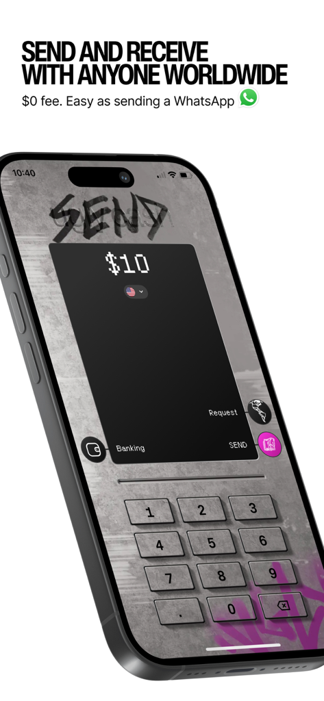 UGLYCASH mobile App-Oberfläche, die einen Bildschirm für internationale Geldüberweisungen ohne Gebühren mit einem Ziffernblock zeigt