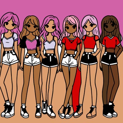 a group of girls wearing crop tops and shorts