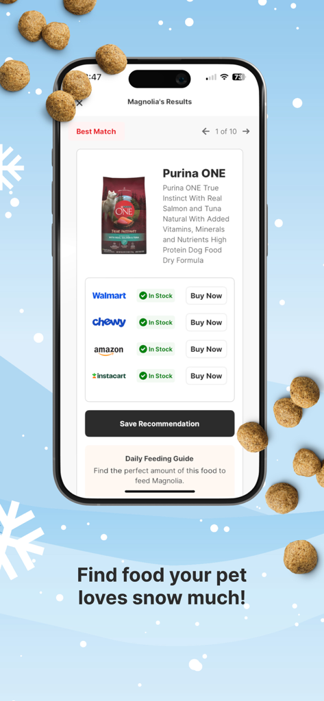 myPurina app pet food finder displaying a recommended Purina ONE product with retailer links and stock status