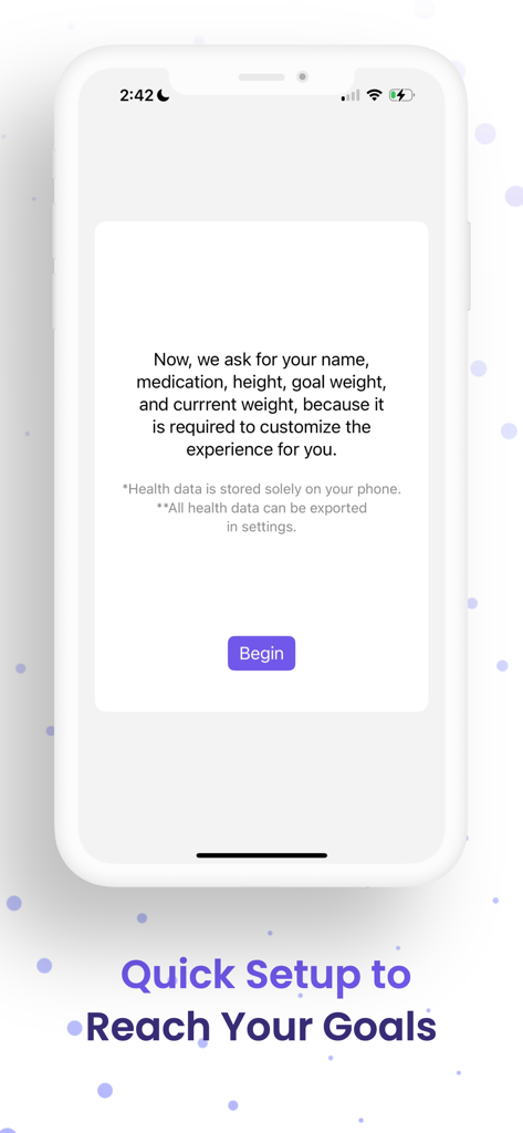 Quick setup onboarding screen of the Ozempic Tracker app showing data privacy information and medical profile configuration