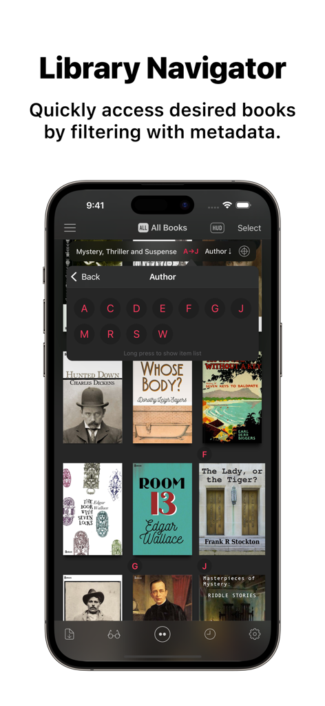 Booklover app showing the Library Navigator feature with an alphabetical author filter over a collection of eBook covers