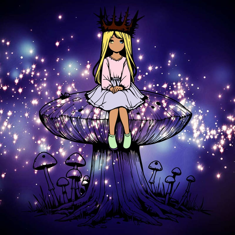 realistic girl sitting on a huge tree stump size toadstool with thorn crown