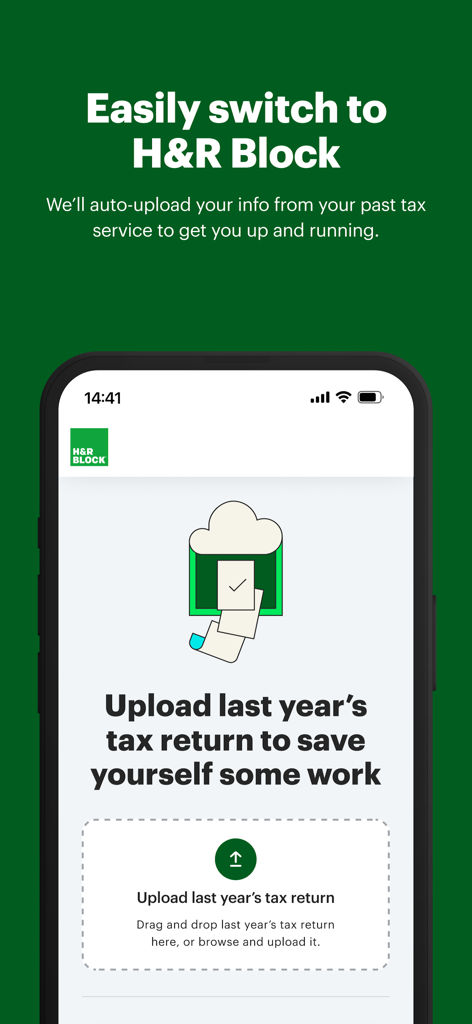 H&R Block app screen showing the option to upload a previous year's tax return to switch services easily.