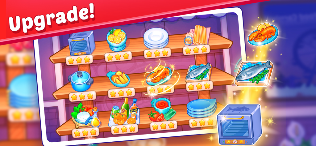 Una pantalla que muestra varios ingredientes de comida y utensilios de cocina como hornos y ollas con calificaciones de estrellas para mejorar en Cooking Carnival