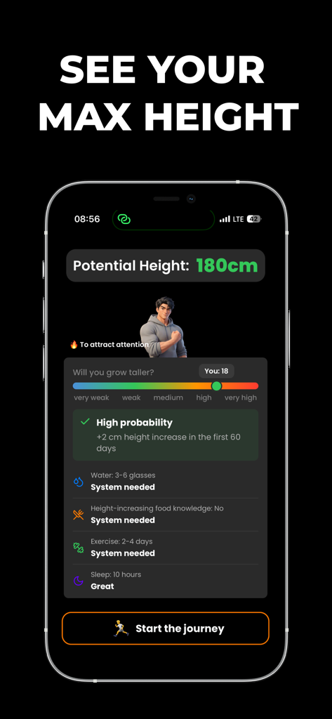 Max Taller: Height Predictor - Interface of the Max Taller app displaying potential height calculation and growth probability tracking.