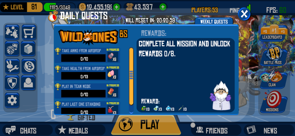 Wild Ones Battle Stadium - Pantalla del menú de Misiones Diarias en Wild Ones Battle Stadium mostrando el progreso de la misión para drops aéreos, modo equipo y último en pie con elementos de recompensa.