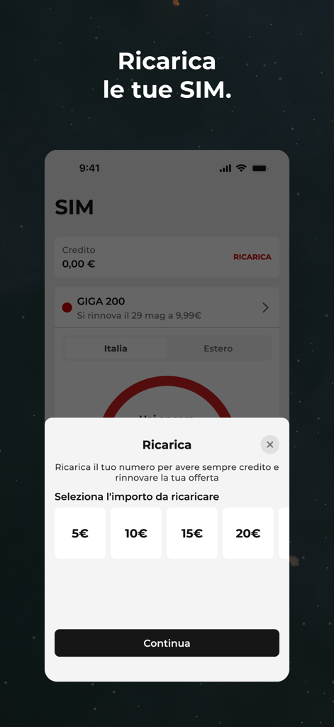A screenshot of the iliad mobile app showing a recharge menu with different euro credit options.