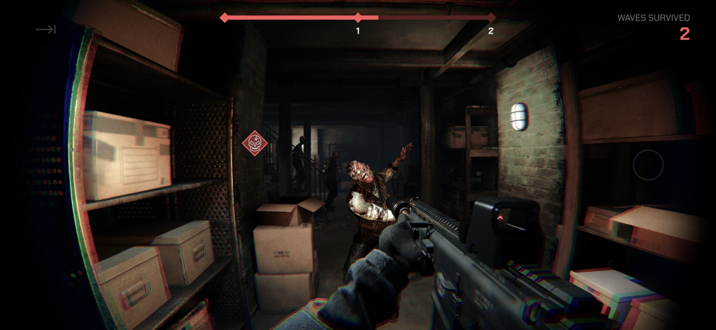 First-person bodycam perspective of a tactical shooter game featuring a zombie survival mode in a dark warehouse.
