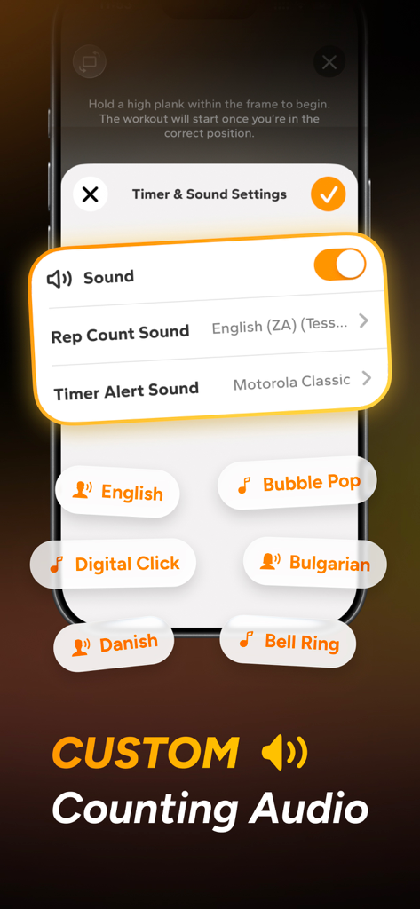 Push Up Counter. - Custom counting audio and sound settings interface in the Push Up Counter app.