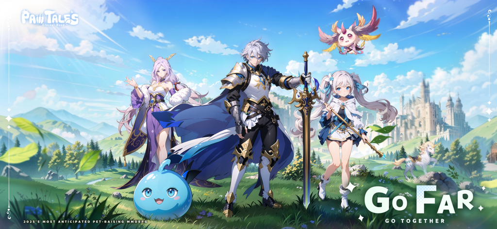 Paw Tales: Eternal Bond - Three anime characters and their cute pets in a green field for Paw Tales Eternal Bond