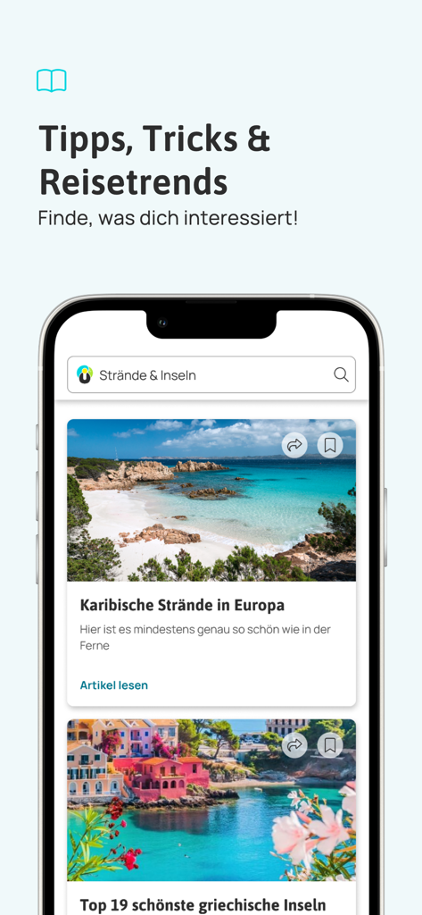 Urlaubsguru - Reisen & Urlaub - Interfaccia dell'app Urlaubsguru che mostra articoli di riviste di viaggio per ispirazione e consigli per le vacanze
