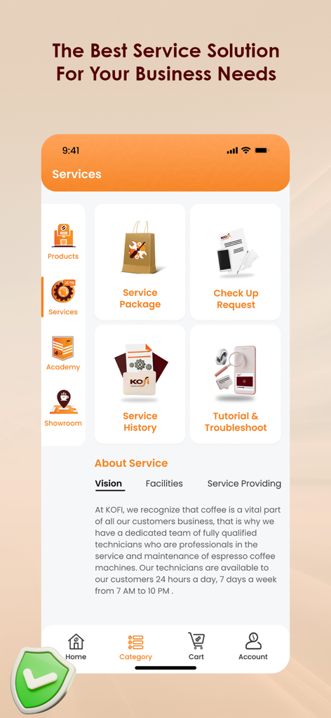 KOFI - Pantalla de servicios de la aplicación KOFI que muestra servicios empresariales como mantenimiento de máquinas y tutoriales técnicos