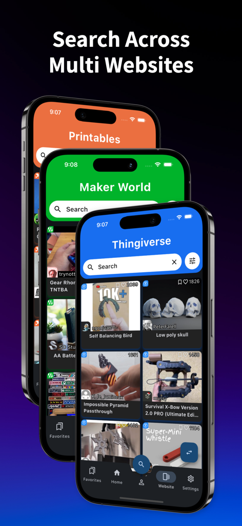 Interfaccia dell'app mobile che mostra i risultati della ricerca di modelli 3D da Maker World Printables e Thingiverse