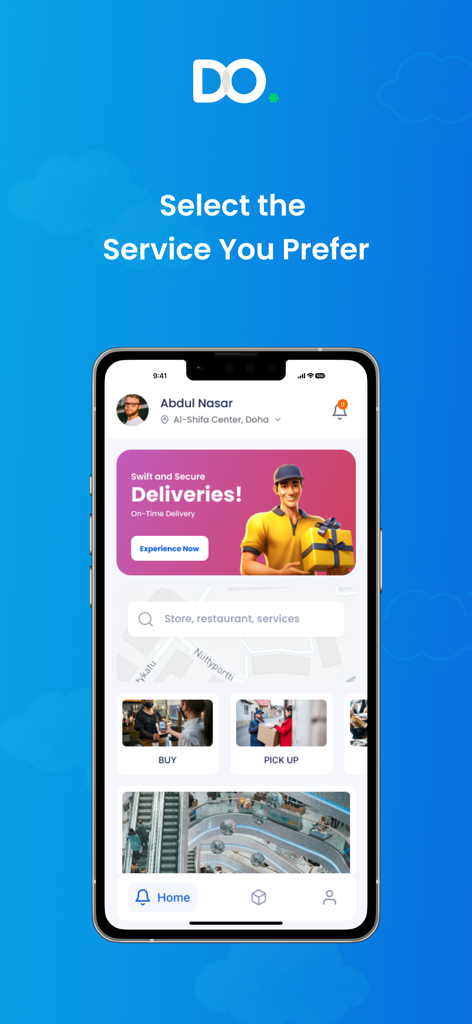 DoDelivery app home screen displaying options to buy or pick up items.