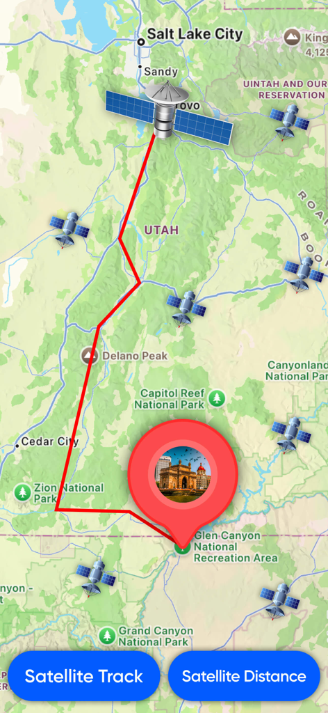 Mapa interactivo que muestra posiciones de satélites en tiempo real y trayectorias de órbita sobre Utah.