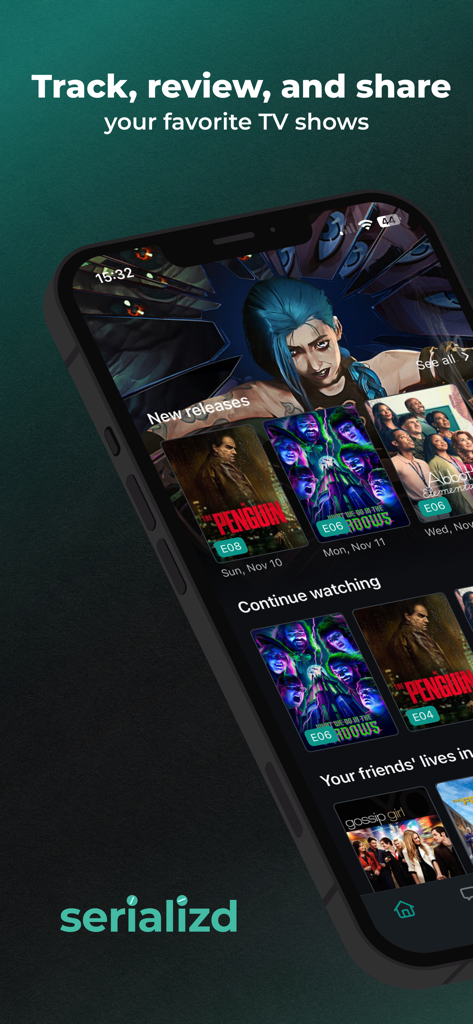 Interface do aplicativo móvel Serializd mostrando opções para rastrear, avaliar e compartilhar séries de TV favoritas