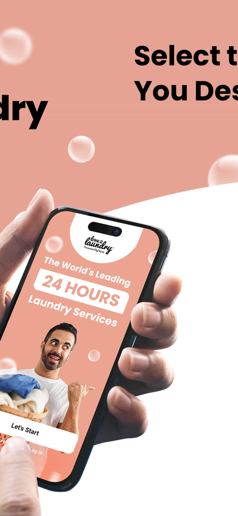 Love2Laundry: Pickup & Clean - A person holding a smartphone showing the Love2Laundry app home screen which offers 24 hour laundry services