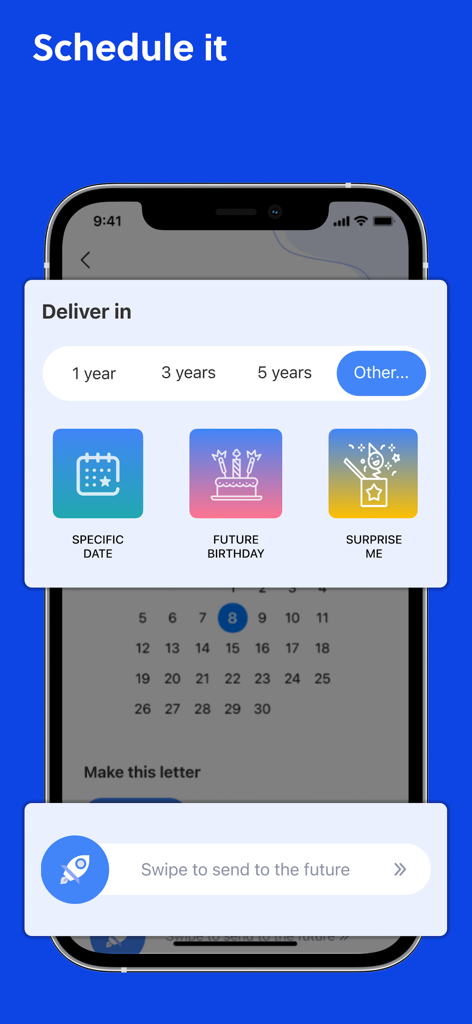 Écran de l'application FutureMe pour programmer une lettre à l'avenir avec des options de période et de date.