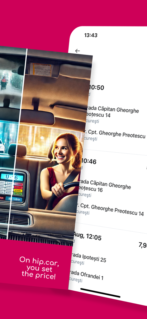 Hip.car  (ex iTaxi) - Uma mulher dirigindo um carro ao lado da interface do aplicativo móvel Hip.car mostrando uma lista de histórico de viagens