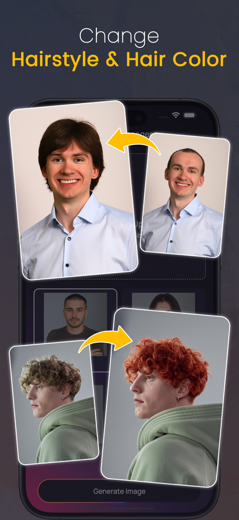 AI Photo Editor : ImageAI - Une interface d'application mobile démontrant les fonctionnalités de transformation de coiffure IA, montrant des exemples avant/après d'hommes changeant de coiffure et de couleur de cheveux.